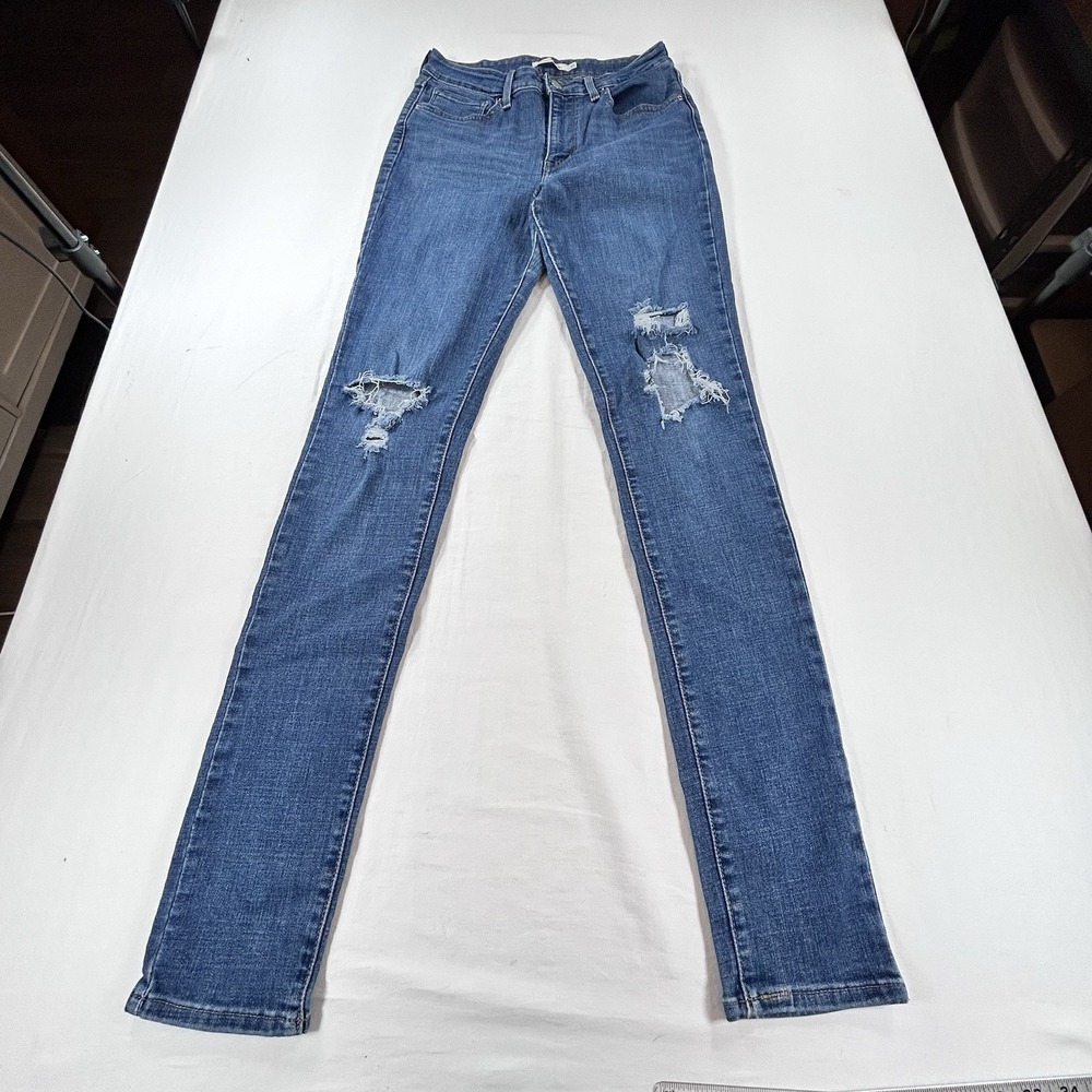 Levis 721 High Rise Skinny Size 28x34 Denim Blue Jeans Distressed Tall